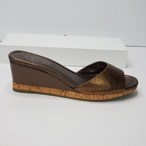 Talbots Bronze Brown Leather Upper Slip-On Wedge Sandal Size 7 1/2B - Picture 2 of 13